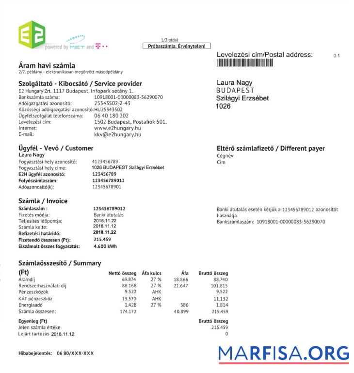 Downloadable Hungary E2 utility bill, PSD format real example